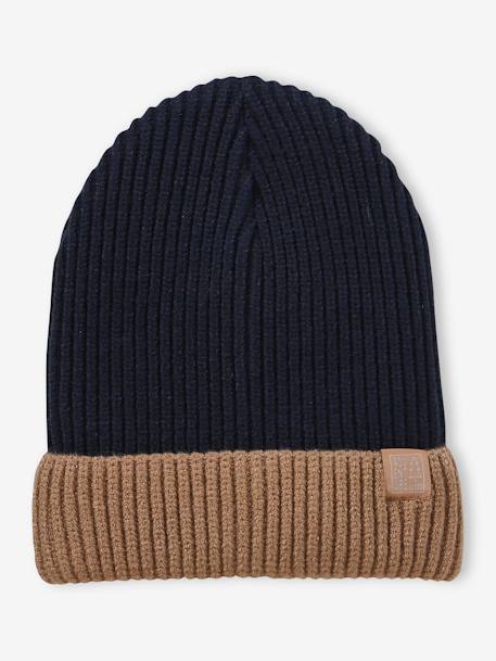 Two-Tone Beanie in Rib Knit for Boys, Basics marl grey+night blue 