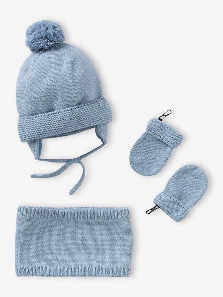 Beanie + Snood + Mittens Set for Baby Boys, Basics aqua green+grey blue 