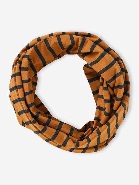 Striped Beanie + Infinity Scarf Set for Boys navy blue+ochre 