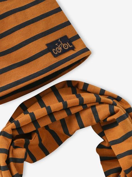 Striped Beanie + Infinity Scarf Set for Boys navy blue+ochre 