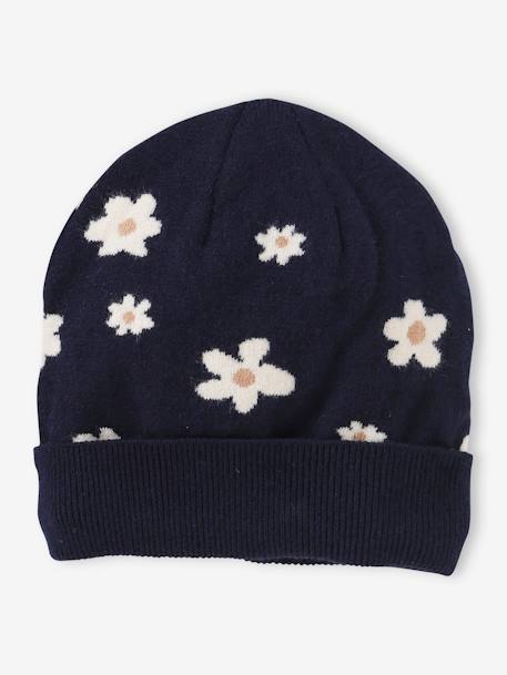 Beanie with Jacquard Knit Daisy Motifs for Girls navy blue 