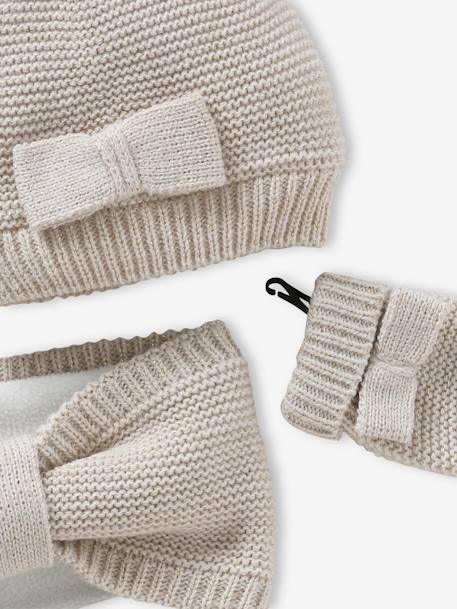 Bow Beanie + Snood + Mittens Set for Baby Girls ecru 