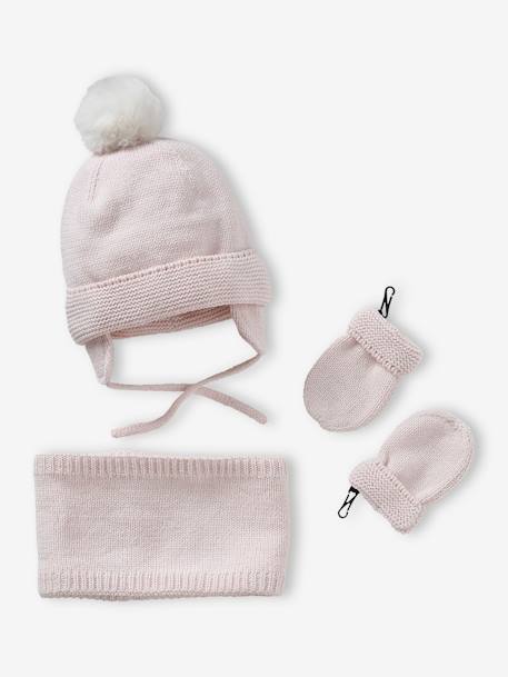 Beanie + Snood + Mittens Set for Baby Girls pale pink+rosy 