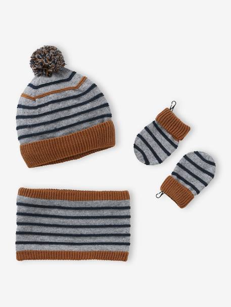 Sailor-Style Beanie + Snood + Mittens Set for Baby Boys marl grey 