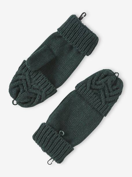 Cable-Knit Beanie + Snood + Mittens/Fingerless Mitts for Boys fir green+ochre 