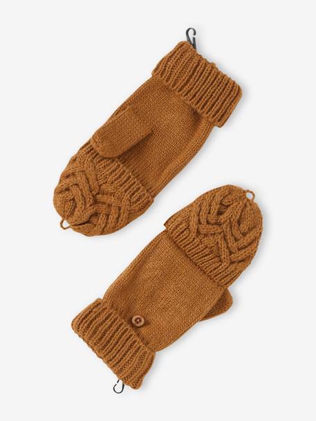 Cable-Knit Beanie + Snood + Mittens/Fingerless Mitts for Boys fir green+ochre 