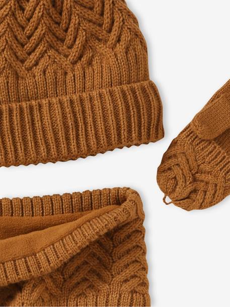 Cable-Knit Beanie + Snood + Mittens/Fingerless Mitts for Boys fir green+ochre 