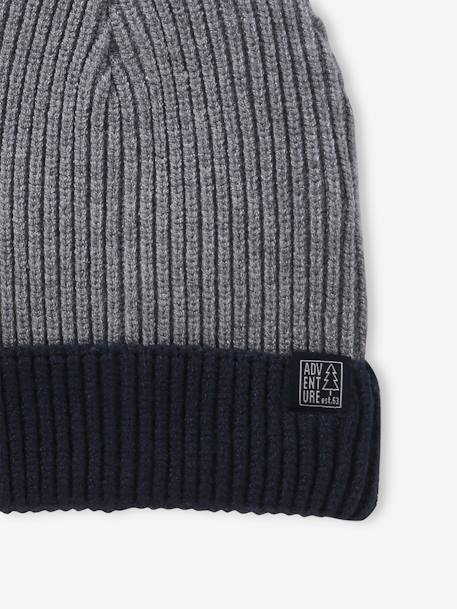 Two-Tone Beanie in Rib Knit for Boys, Basics marl grey+night blue 