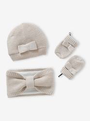 Baby-Accessories-Hats, Scarves, Gloves-Bow Beanie + Snood + Mittens Set for Baby Girls