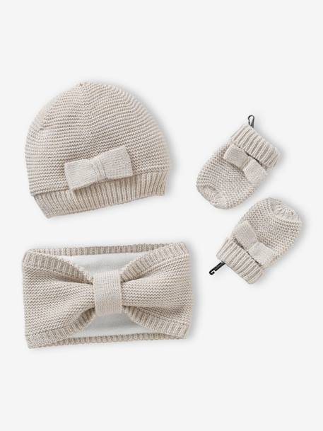 Bow Beanie + Snood + Mittens Set for Baby Girls ecru 