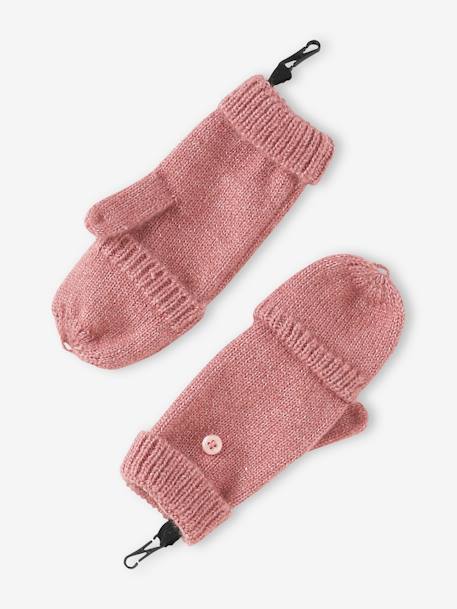 Rib Knit Set: Beanie + Scarf + Mittens/Fingerless Gloves marl beige+old rose 