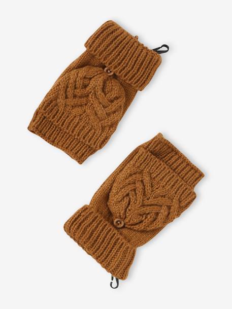 Cable-Knit Beanie + Snood + Mittens/Fingerless Mitts for Boys fir green+ochre 