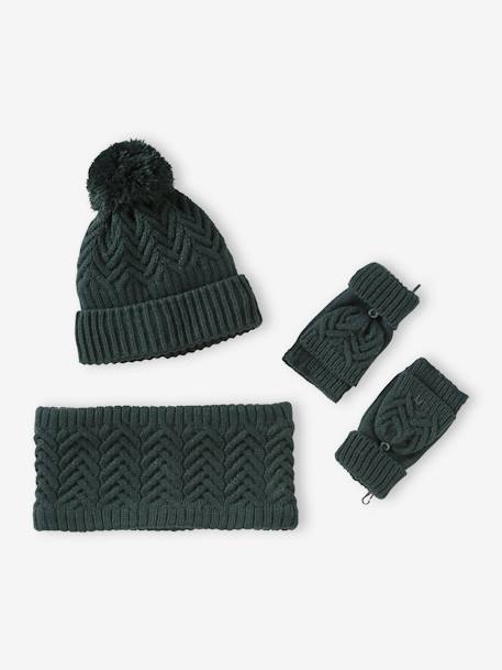 Cable-Knit Beanie + Snood + Mittens/Fingerless Mitts for Boys fir green+ochre 