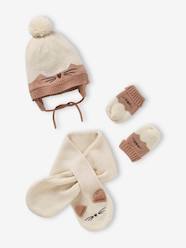 Baby-Accessories-Hats, Scarves, Gloves-Cat Beanie + Scarf + Mittens Set for Baby Girls