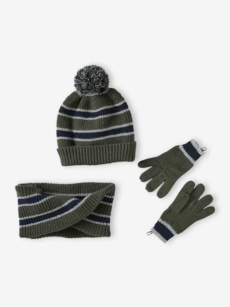 Brioche Stitch Beanie + Snood + Gloves or Mittens Set for Boys khaki 