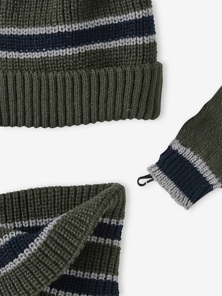 Brioche Stitch Beanie + Snood + Gloves or Mittens Set for Boys khaki 