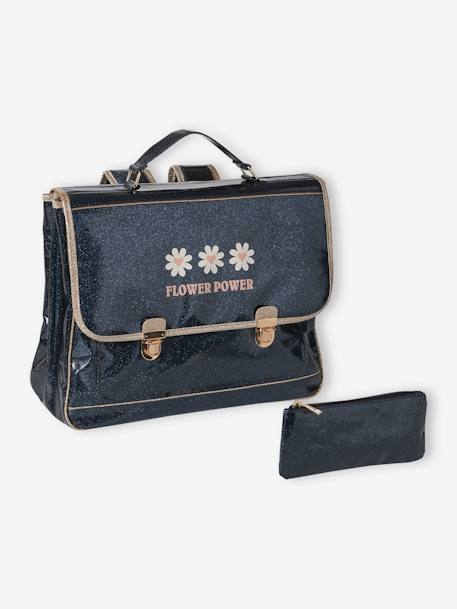 Satchel with 'Flower Power' Glitter & Pencil Case, for Girls night blue 