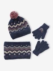 Girls-Accessories-Winter Hats, Scarves, Gloves & Mittens-Beanie + Snood + Gloves Set in Jacquard Knit, for Girls