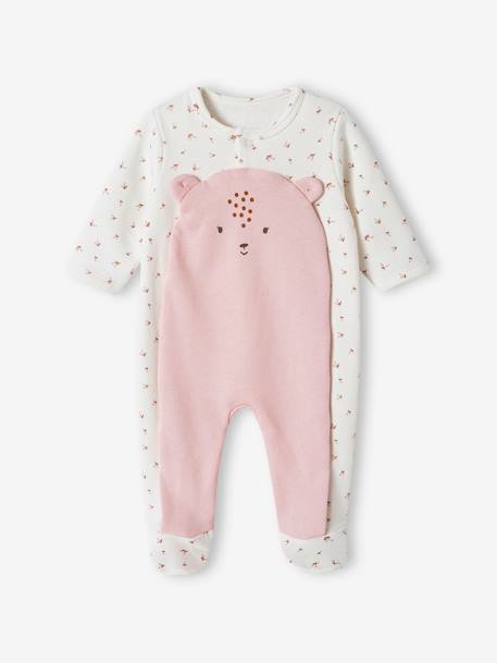 Fleece Sleepsuit for Newborn Babies, Front Flap Opening with Press Studs ecru+rosy 