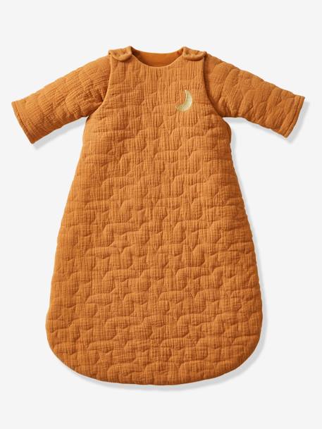 Quilted Baby Sleep Bag with Removable Sleeves in Organic Cotton* Gauze, Dream Nights caramel+Dark Blue+ecru 