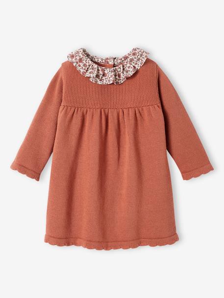 Knitted Dress with Collar in Floral Fabric for Babies rust+WHITE LIGHT SOLID WITH DESIGN 