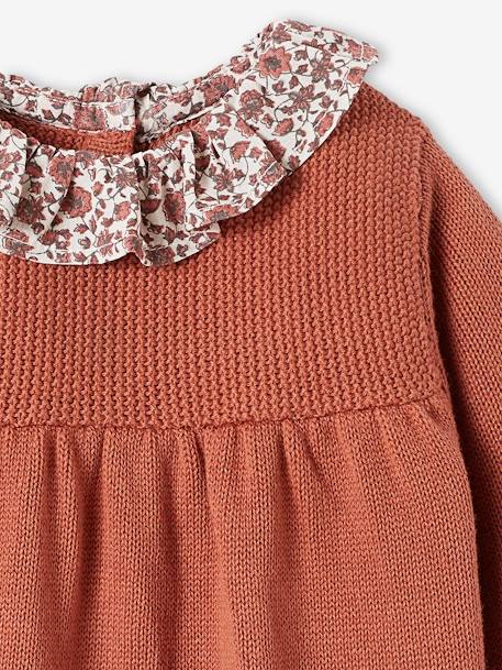 Knitted Dress with Collar in Floral Fabric for Babies rust+WHITE LIGHT SOLID WITH DESIGN 