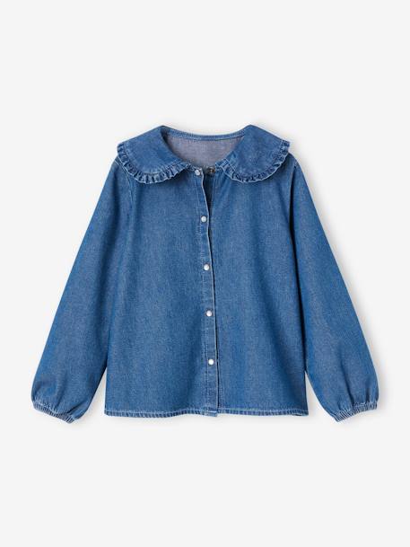 Denim Blouse with Maxi Ruffled Peter Pan Collar, for Girls stone 