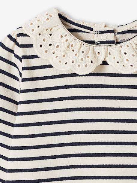 Long Sleeve Top with Embroidered Collar, for Babies BEIGE LIGHT SOLID+striped navy blue 