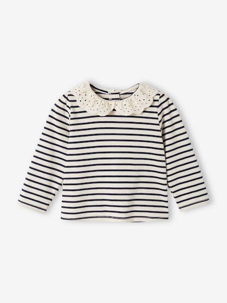 Long Sleeve Top with Embroidered Collar, for Babies BEIGE LIGHT SOLID+striped navy blue 