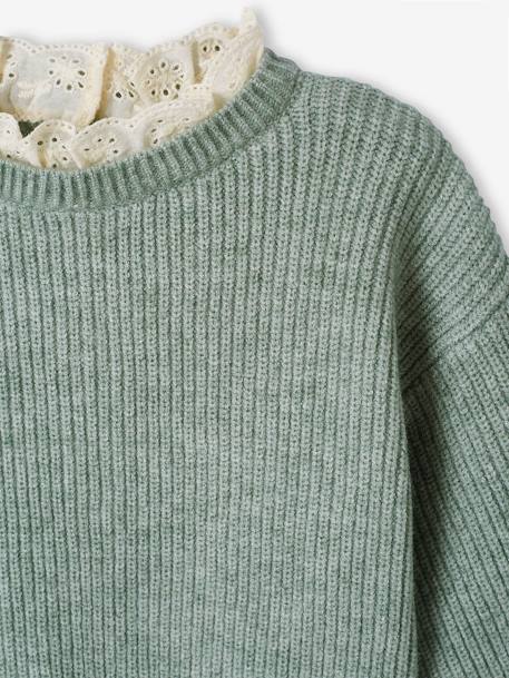 Rib Knit Jumper with Broderie Anglaise Collar for Babies sage green+striped navy blue 