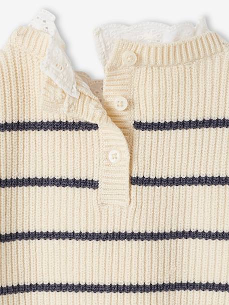 Rib Knit Jumper with Broderie Anglaise Collar for Babies sage green+striped navy blue 