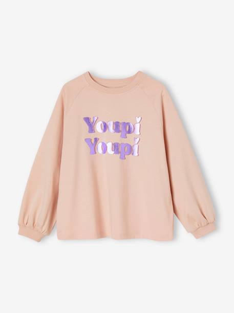 A-Line Top, Message with Shiny Metallised Effect, for Girls chocolate+rosy 