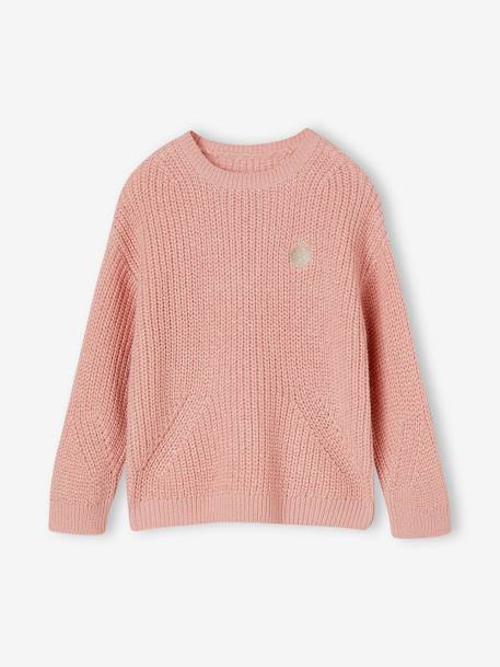 Rib Knit Jumper with Iridescent Patch, for Girls ecru+rosy+violet 