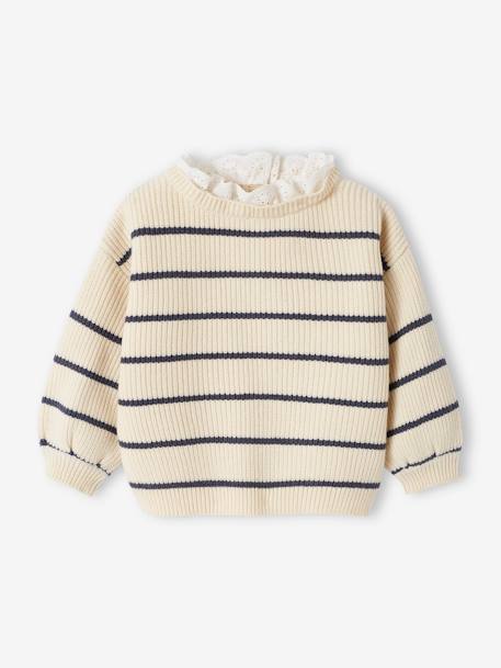 Rib Knit Jumper with Broderie Anglaise Collar for Babies sage green+striped navy blue 