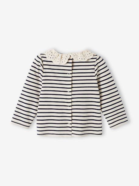 Long Sleeve Top with Embroidered Collar, for Babies BEIGE LIGHT SOLID+striped navy blue 