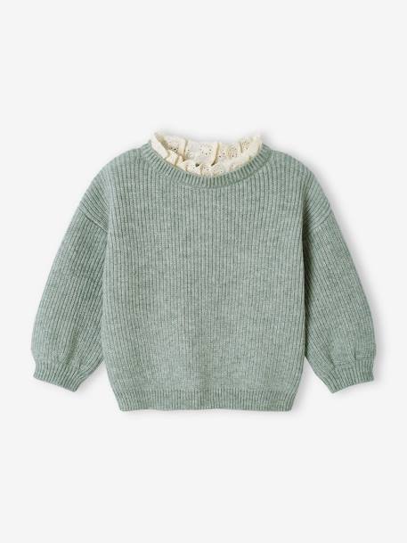 Rib Knit Jumper with Broderie Anglaise Collar for Babies sage green+striped navy blue 