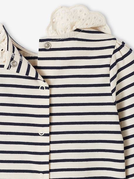 Long Sleeve Top with Embroidered Collar, for Babies BEIGE LIGHT SOLID+striped navy blue 
