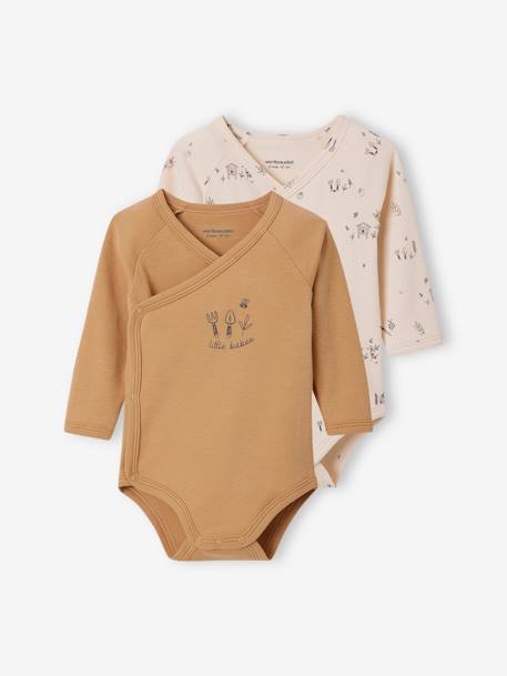 Pack of 2 Long-Sleeved Bodysuits for Newborn Babies cappuccino+golden yellow+grey blue 