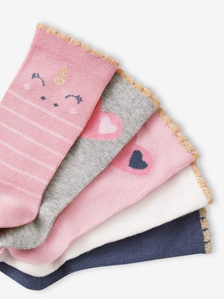 Pack of 5 Pairs of Unicorns & Hearts Socks for Girls rose 