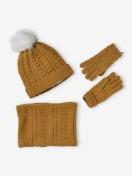-Beanie + Snood + Gloves or Mittens Set in Cable Knit for Girls