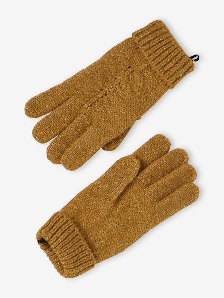 Beanie + Snood + Gloves or Mittens Set in Cable Knit for Girls ecru+mustard 