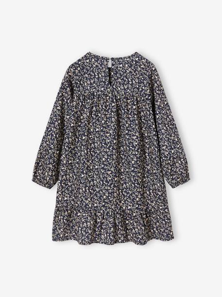 Smocked Long Sleeve Dress with Flowers for Girls ecru+navy blue 