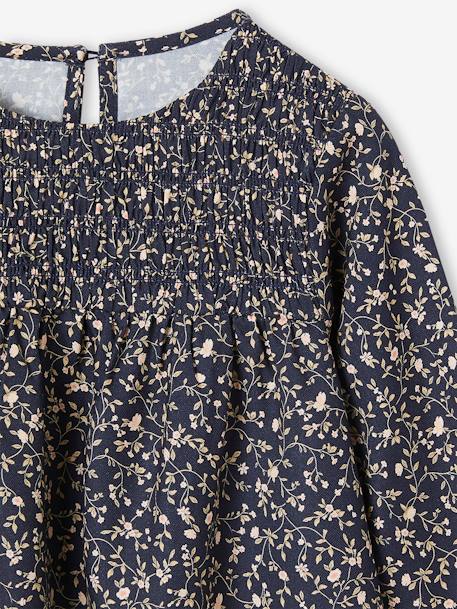 Smocked Long Sleeve Dress with Flowers for Girls ecru+navy blue 