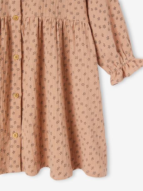 Buttoned Dress in Cotton Gauze for Girls chocolate+rose beige 