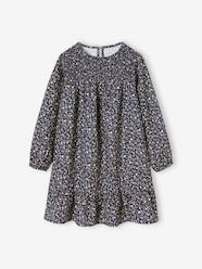 Girls-Dresses-Smocked Long Sleeve Dress with Flowers for Girls