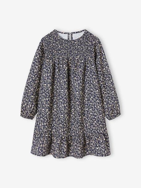 Smocked Long Sleeve Dress with Flowers for Girls ecru+navy blue 