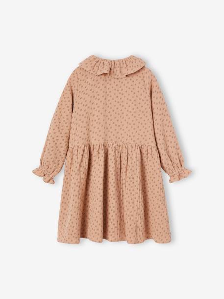 Buttoned Dress in Cotton Gauze for Girls chocolate+rose beige 