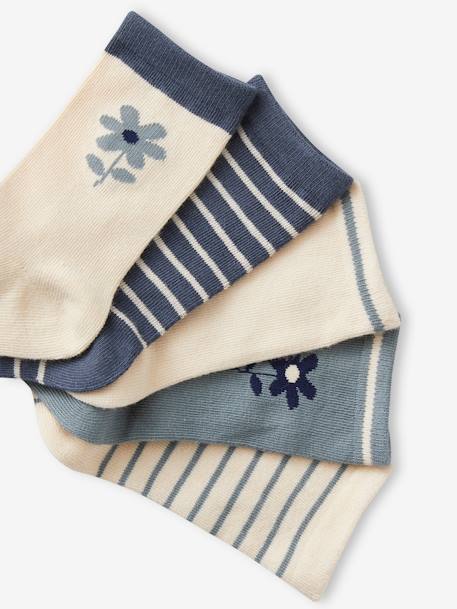 Pack of 5 Pairs of Floral/Striped Socks for Girls navy blue 