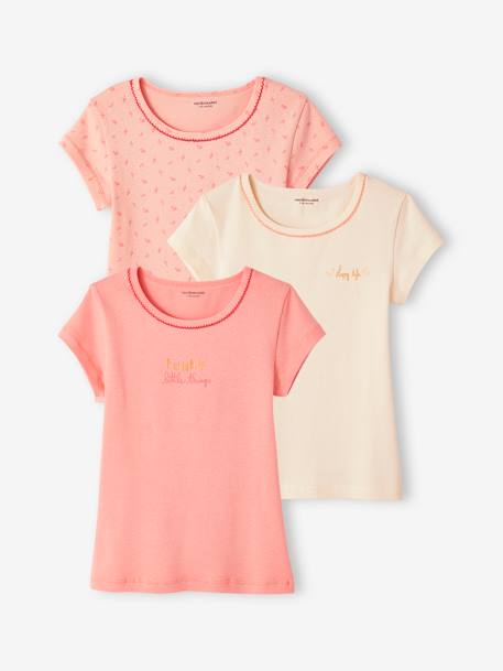 Pack of 3 Short Sleeve Fancy T-Shirts in Rib Knit for Girls nude pink 