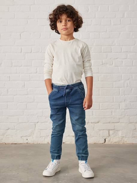 Denim-Effect Fleece Joggers, Easy to Put On, for Boys Denim Blue 